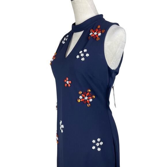 Guess NWT Navy Crepe Fabric Orange & White Bead Embellished Choker Sheath Dress - Picture 6 of 13